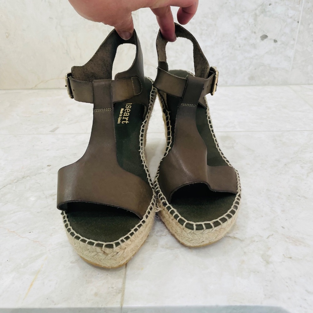 PASEART {40} Wedge Espadrilles Platform Leather Olive / Army Green NWOT - Picture 2 of 9